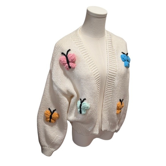 Luna Ivy Butterflies Open Cropped Cardigan Cream Pastel Womens size Small - Picture 5 of 12